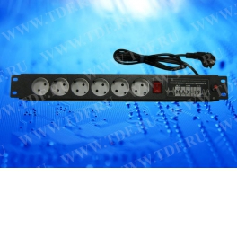 Блок розеток 19", 220V, 10A, 6 розеток, с защитой, шнур 3,0 м, выключатель, чёрный (Россия)